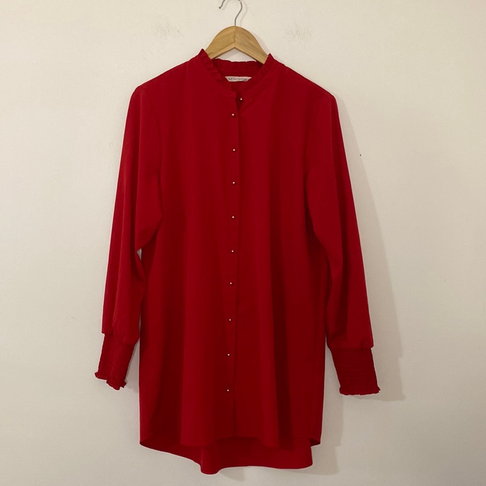 Soft Surroundings Button-Up Tunic Red Gold Top Blouse Ruffle Collar Feminine L
